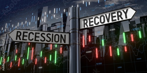 Recession and recovery - signpost with two arrows and financial data - 3D illustration