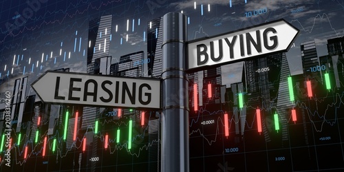 Buying or leasing - signpost with two arrows and financial data - 3D illustration