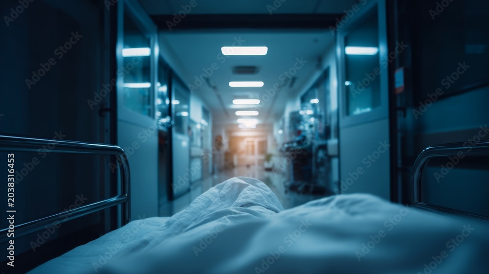 Fototapeta premium A serene view from a hospital bed looking down a quiet corridor illuminated by soft light symbolizing hope and recovery in a medical environment. Generative AI