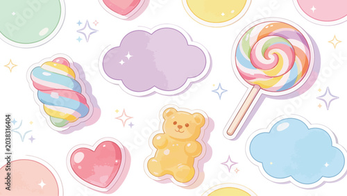 Kawaii Pastel Candy and Cloud Sticker Pack Vector