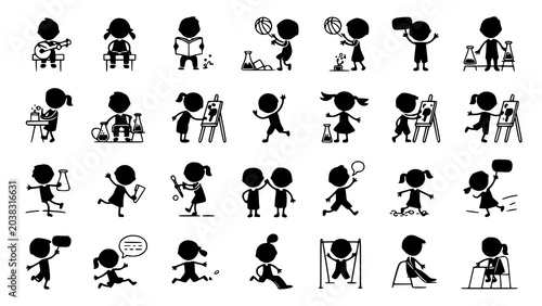 Schilderij op canvas Set of black silhouette icons featuring children engaged in school and leisure,