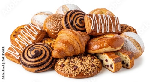 A tempting assortment of freshly baked pastries and bread, showcasing a variety of sweet treats from a local bakery.