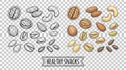 Collection of nuts and seeds shown in line drawings and colored illustrations, symbolizing healthy snacks, nutrition, and artistic comparison of food representation.