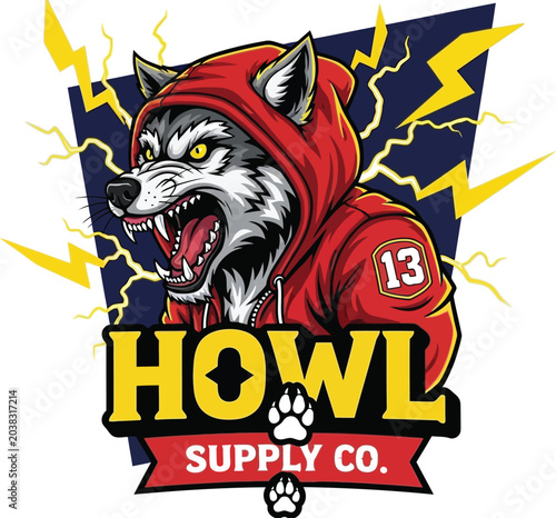 Foto Aggressive wolf in red hoodie with lightning bolts and howl supply co