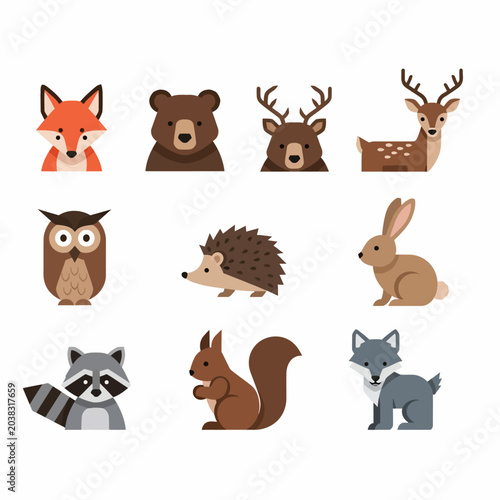Collection of adorable cartoon forest animals in a flat design style.