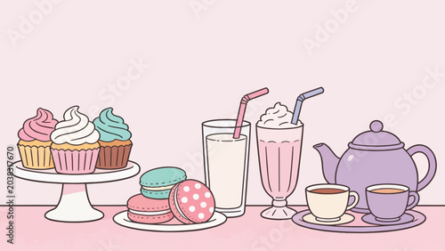 Kawaii Pastries and Drinks Flat Illustration
