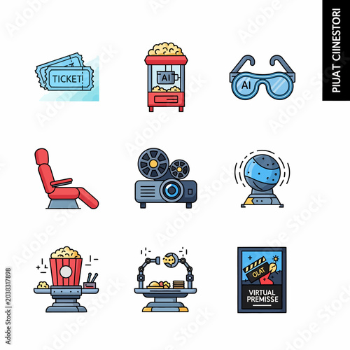 Collection of cinema and virtual reality icons.
