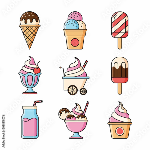 Collection of delicious ice cream desserts and drinks.
