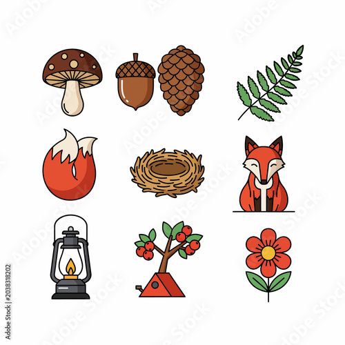 Collection of forest and nature elements including animals, plants, and camping items.