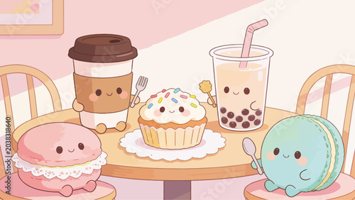 Kawaii Food Characters Coffee Cup Macaron Bubble Tea Cupcake