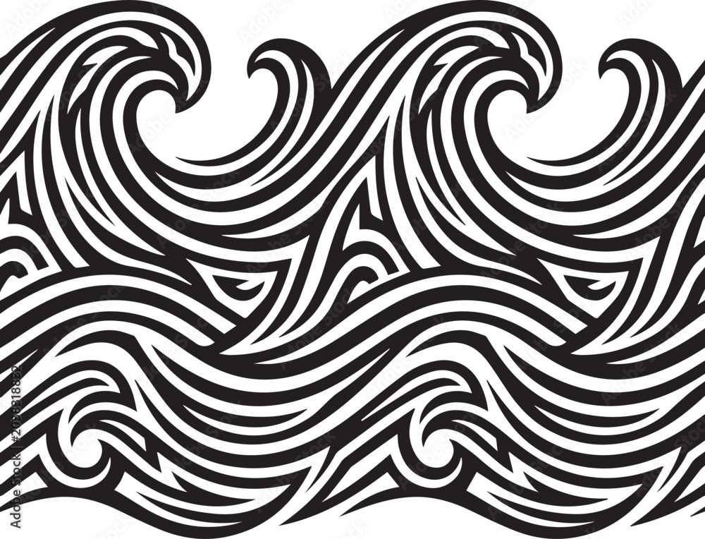 Fototapeta premium Abstract ocean wave pattern with tribal style curves and sea tide ripples for surf branding and coastal design background vector illustration art.