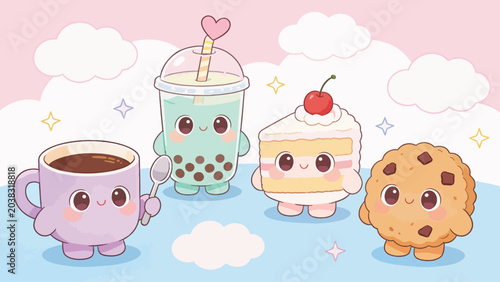 Kawaii Food Characters Boba, Cake, Coffee Cup, Cookie