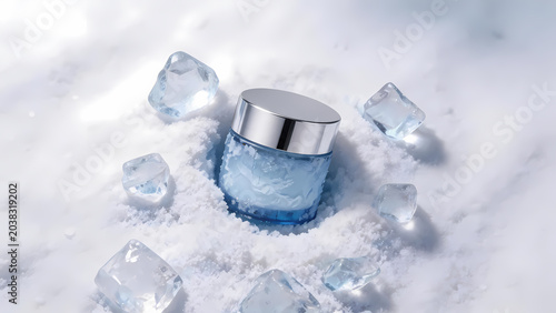 Blue bottle with ice on snow