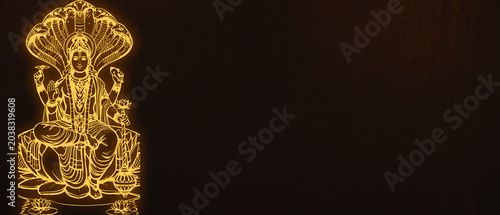 Tableau sur toile Golden Glowing Line Art of Lord Vishnu Seated on Sheshnag on Dark Textured Banne