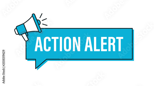 Blue speech bubble vector graphic featuring a megaphone icon designed for important business action alerts