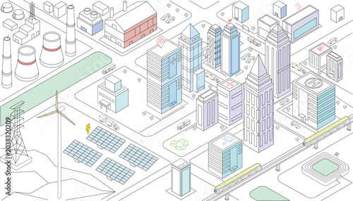 Smart Sustainable City with Renewable Energy and Transportation, Green Energy and Urban Mobility Technology Illustration