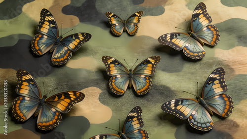 Colorful butterflies on camouflage fabric