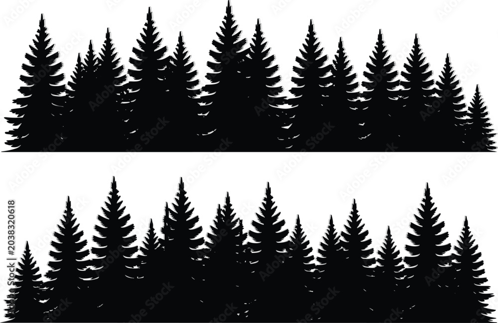 Fototapeta premium Black pine forest silhouettes seamless evergreen tree borders vector illustration for woodland nature landscape