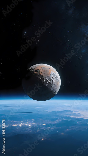 Blue earth and gray moon in space