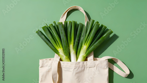 Fresh green onions on light green background