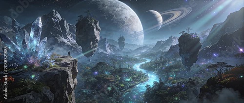 Fantasy landscape alien planet epic scenery glowing river crystal mountain crystal rock otherworldly valley night sky space art science fiction surreal nature cosmic sky starry sky cosmic light