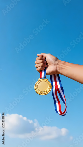 Hand holding golden medal against blue sky