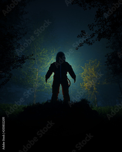 Dramatic Standing Astronaut Spacesuit Dark Forest Mysterious Night Scene Sci Fi Surreal Misty Atmosphere Trees Glowing Helmet 3d illustration