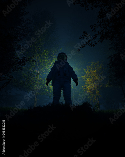 Dramatic Standing Astronaut Spacesuit Dark Forest Mysterious Night Scene Sci Fi Surreal Misty Atmosphere Trees Glowing Helmet 3d illustration