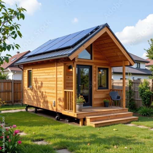 Small wooden cabin with solar panels on roof in sunny backyard garden setting.