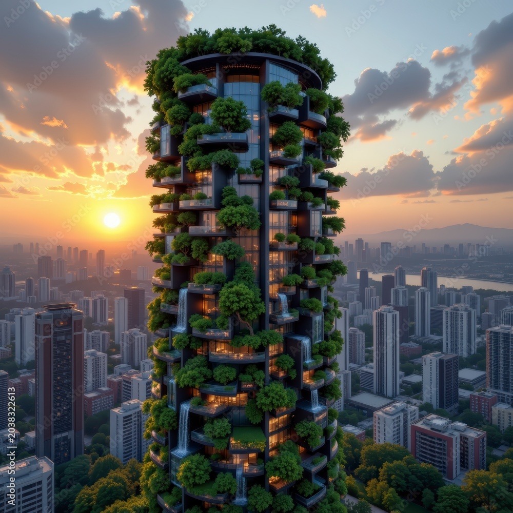 Obraz premium Futuristic Skyscraper Surrounded Greenery Sunset