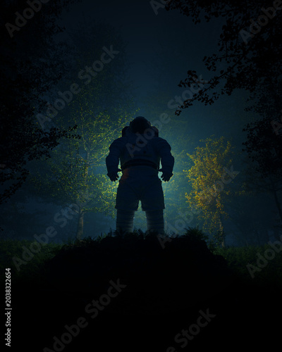 Dramatic Standing Astronaut Spacesuit Dark Forest Mysterious Night Scene Sci Fi Surreal Misty Atmosphere Trees Glowing Helmet 3d illustration
