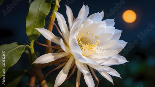 White epiphyllum flower under orange moon