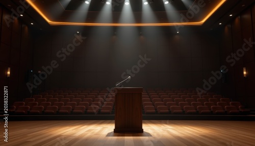 Empty auditorium with wooden podium and spotlight on stage, ready for a speech or presentation