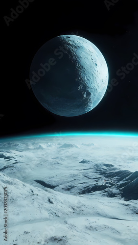 Blue atmosphere over icy earth with moon