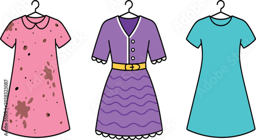 Foto Cartoon Dress Collection on Hangers — Dirty, Fancy and Clean Dress Illustration