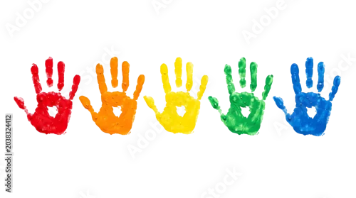 Fototapeta samoprzylepna Colorful handprints in a rainbow of diverse colors symbolizing unity, friendship, and inclusion