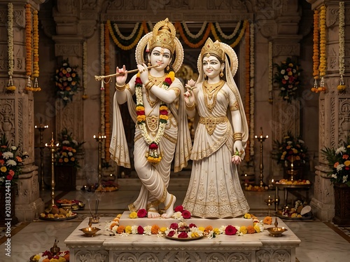 Radha Krishna Marble Idols in Decorated Hindu Temple