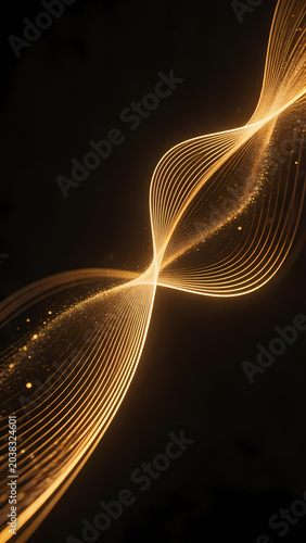 Golden light waves on black background