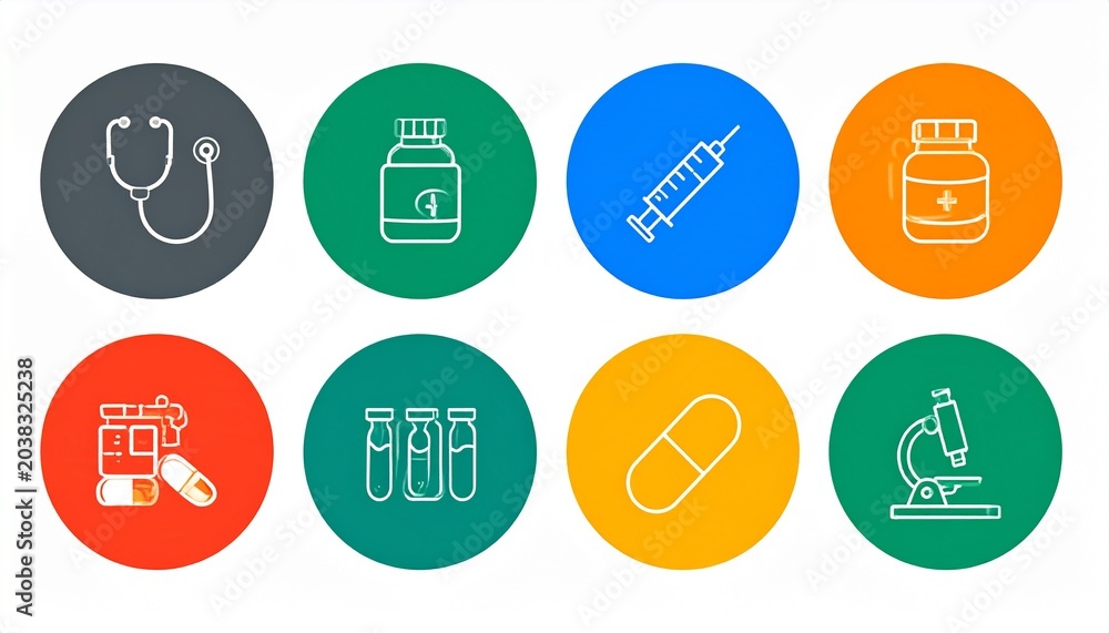 Fototapeta premium Colorful circular icons representing various business and technology concepts.