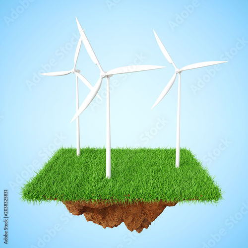 Wind turbines on grass field. Renewable energy source concept. 3d-rendering