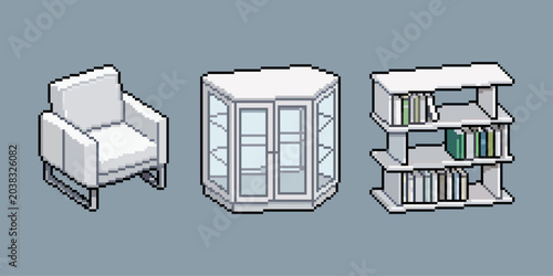 Foto Pixel art of modern living room furniture props set featuring a cozy armchair, office desk setup, and a houseplant