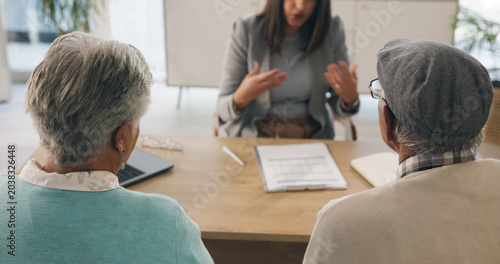 Canvastavla Office, document or old couple with consultant for appointment, will planning or beneficiary update