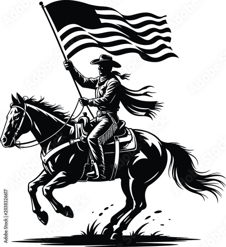 Black and white illustration of a cowboy riding a horse and holding an american flag
