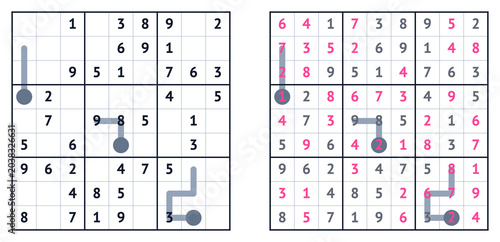 Canvas Print Sudoku puzzle grid with solutions and marked paths for gameplay