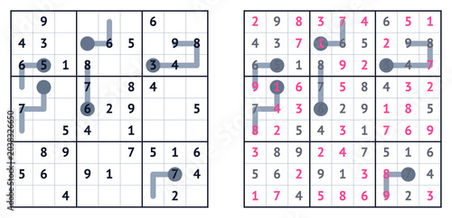 Quadro em tela Sudoku puzzle grid with solutions and hints for gameplay strategy
