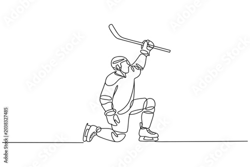 Photography Single line sketch of an ice hockey player celebrating with stick celebration co