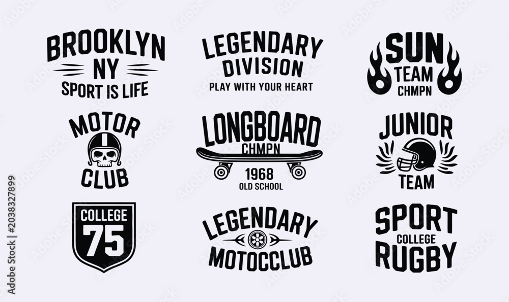 Fototapeta premium Vintage sports typography logo vector set with old school active lifestyle emblems for t shirt