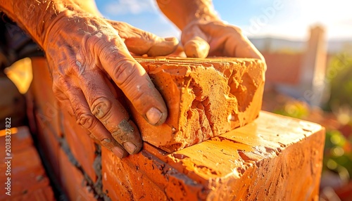 Close up of a construction worker laying red clay bricks for a wall.