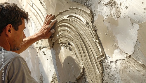Construction worker applying plaster to a wall with hand.