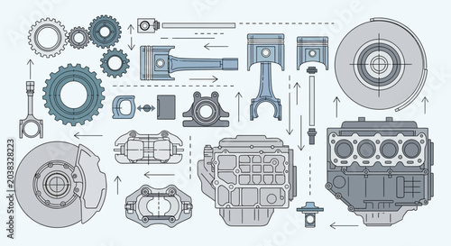 Foto Car Engine Parts Exploded View Blueprint Style Illustration